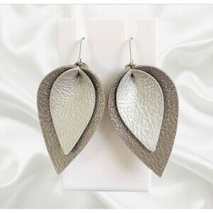 Silver Tone Metal Metallic Silver Gray Faux Leather Teardrop Dangle Earrings